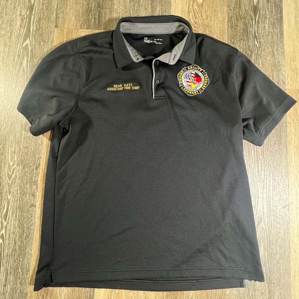 Under Armour Polo Shirt Mens XL Black Fire Chief Military Germany Patch HeatGear